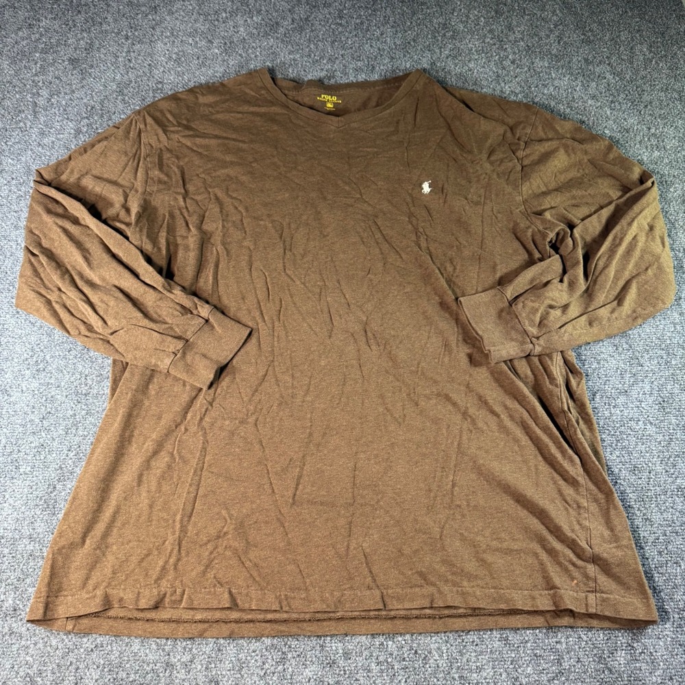 Polo Ralph Lauren Mens XLT Tall Brown Long Sleeve V-Neck T-Shirt Cotton Logo